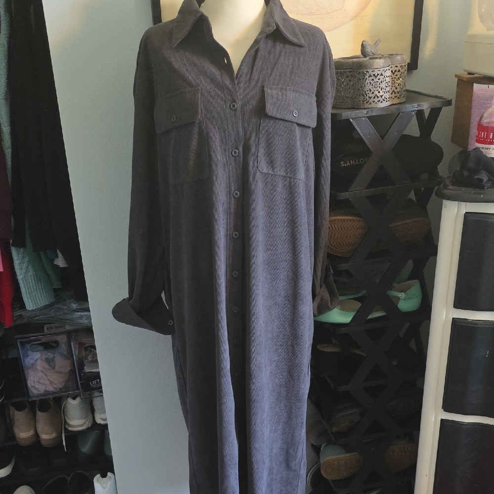 Modesees Dark Gray Long Courdoroy Shirt Dress Large New With Tags